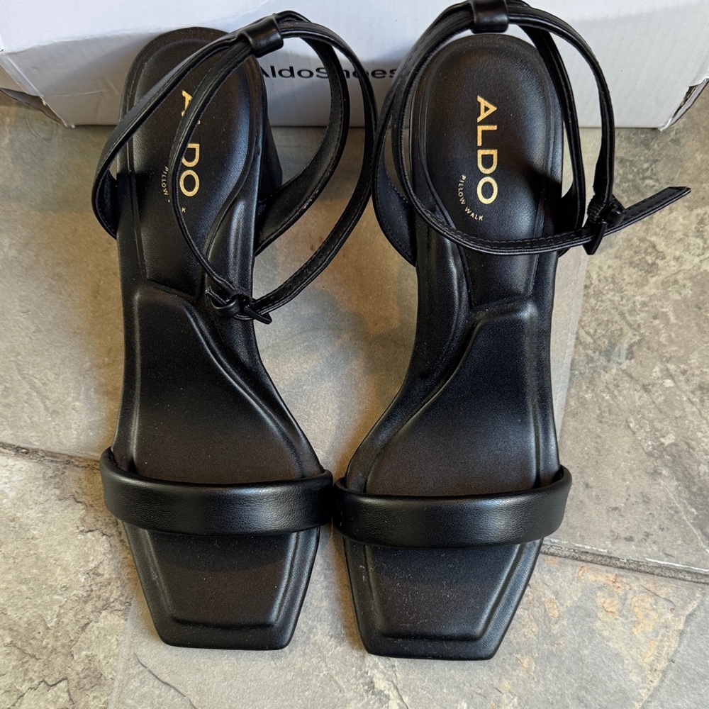 ALDO Black Strappy Square-Toe Ankle Strap Heels - Picture 2 of 7